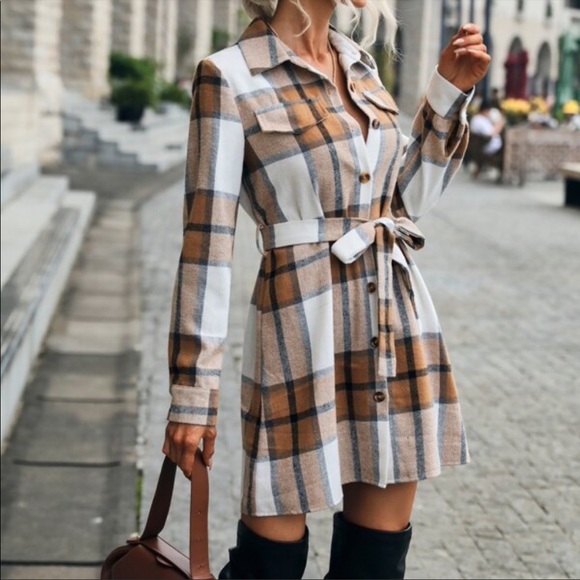 Boho khaki tan plaid button up long sleeve mini dress - Picture 5 of 6